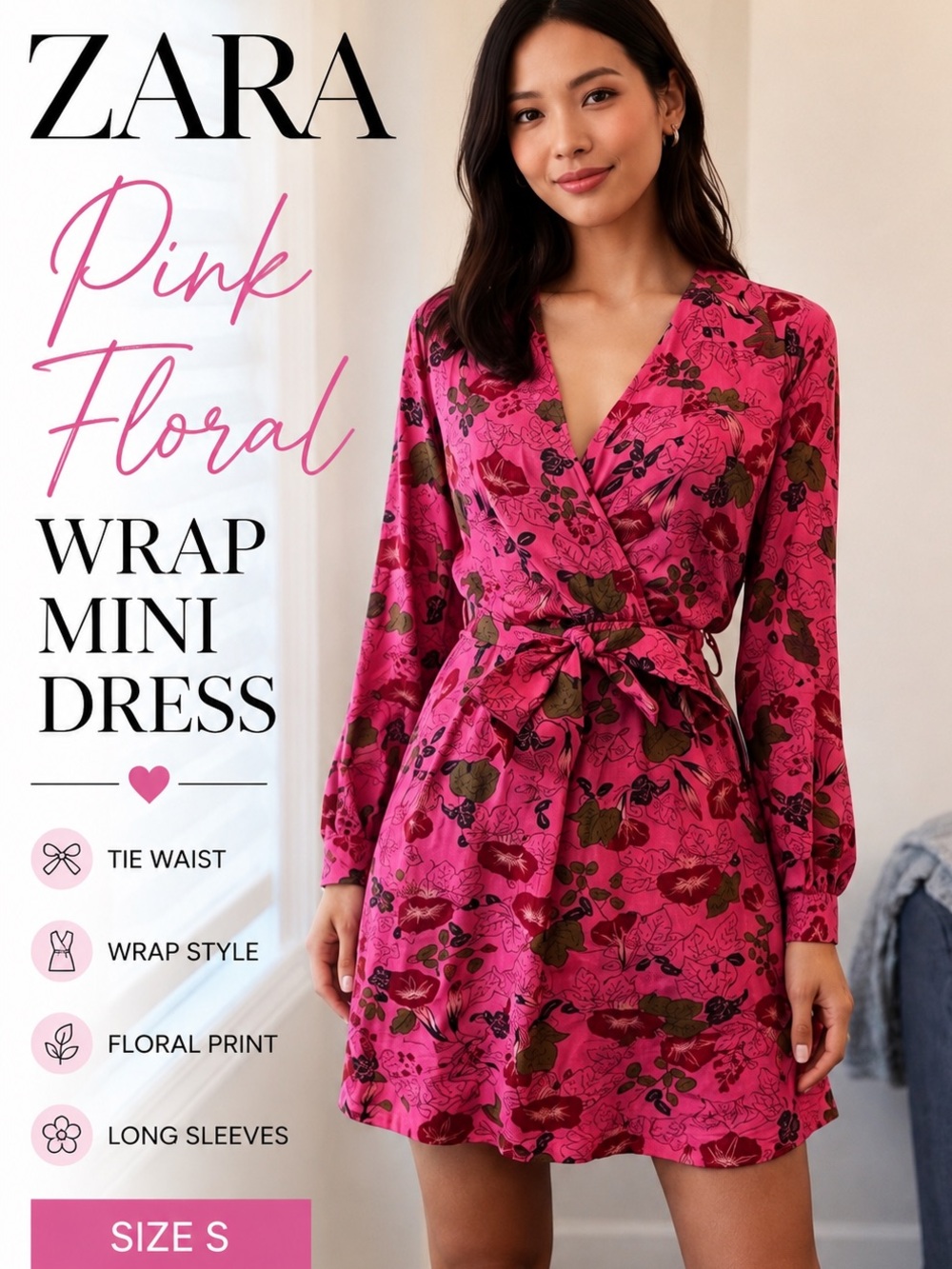 ZARA Floral Satin Feel Mini Dress | Bright Pink Statement Dress 💕💚💕
